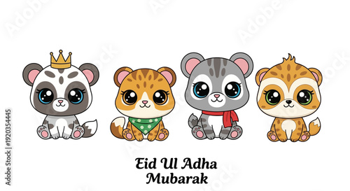 Adorable cartoon animals celebrating Eid ul Adha with traditional attire and festive greetings