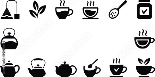 Tea and coffee icon set, kettle cup leaf spoon symbols, hot drink beverage silhouette vector collection isolated