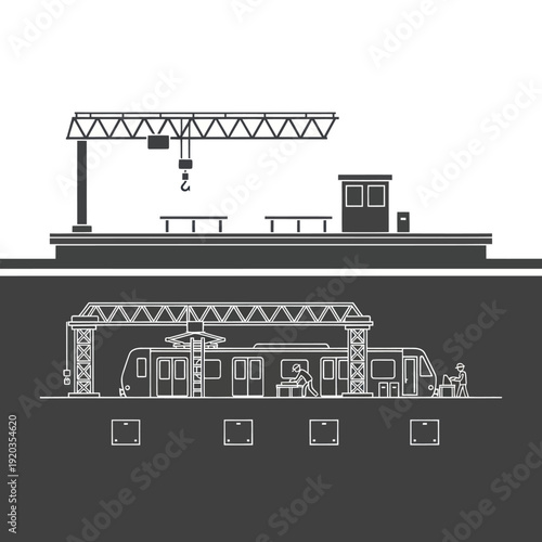 Industrial Crane and Train Illustration Diagram.