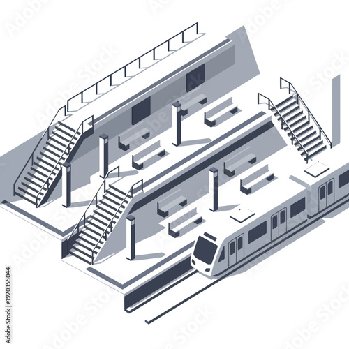 Underground Train Station with Stairs and Platforms.