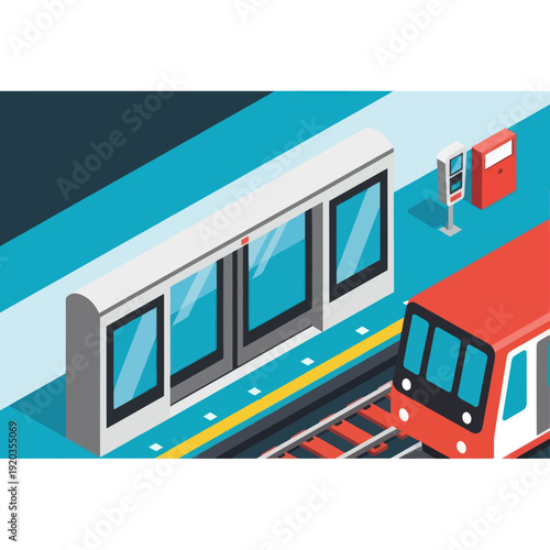 Red Train at Modern Station Platform.