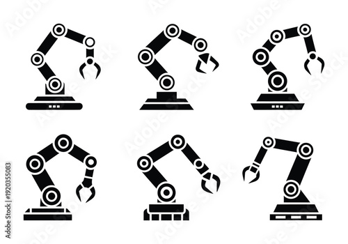 Set of vector robotic arms performing various tasks in a clean industrial environment