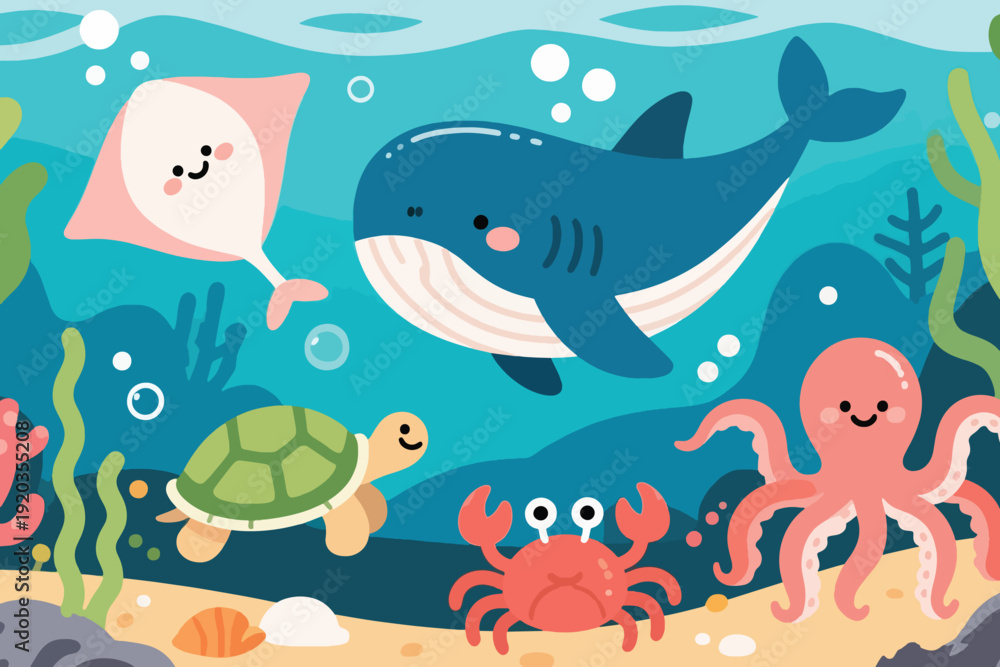 Obraz premium Friendly blue whale with stingray, turtle, crab, and octopus in playful underwater cartoon illustration, vibrant ocean scene with coral, seaweed, and bubbles.
