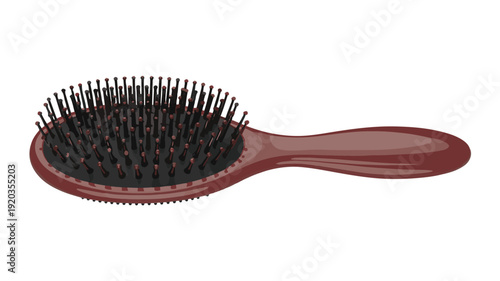 Isolated hairbrush with glossy handle on a plain background, viewed from the side, showcasing its sleek design and black bristles.