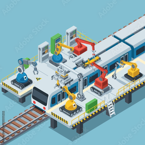 Industrial Train Assembly Line with Robotics.