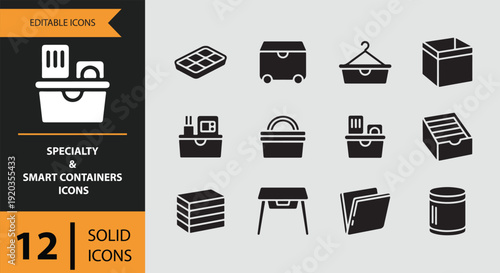 Solid specialty and smart containers icons for eco-friendly storage solutions