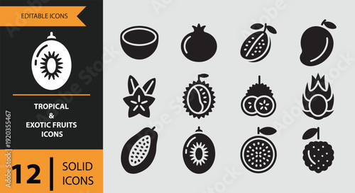 Solid tropical and exotic fruits icons for fresh markets and juice branding
