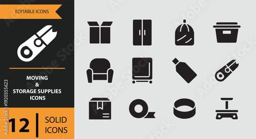 Solid moving and storage supplies icons for relocation and warehouse management