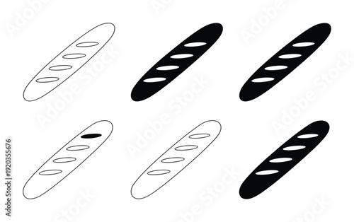 Six vector baguettes in different styles and colors arranged in two rows