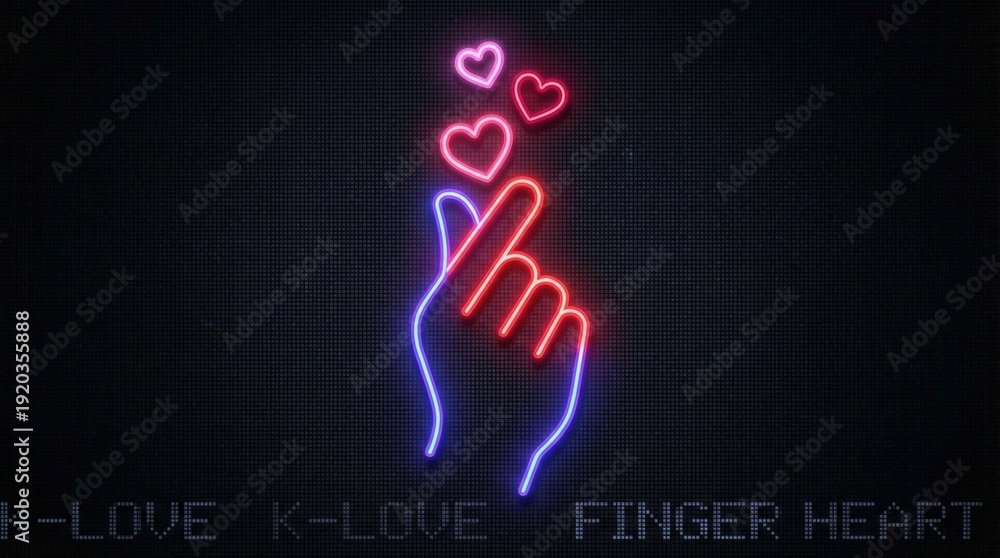 Obraz premium Neon hand heart gesture with tech background