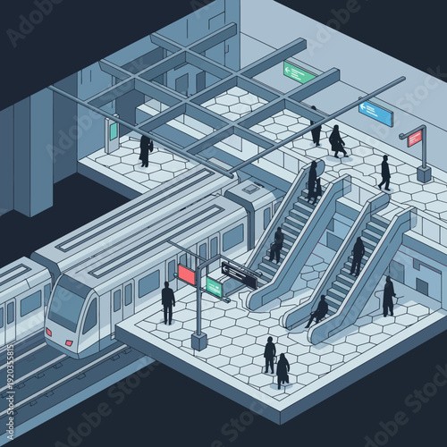 Isometric View of Subway Station with People.
