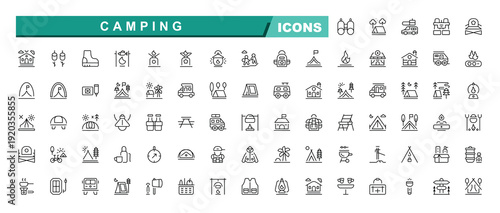 Camping icon set. Simple set of travel outdoor related vector line icons. Contains such icons as tent, campfire, map, tourist, hiking, camp. Camping icon set in linear style. Tourism icon.