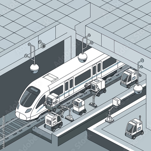 Modern White Train at Railway Station Platform.