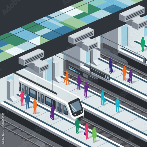 Isometric Subway Station with People Waiting.