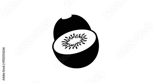 Stylized Kiwi Fruit Icon, Half Cut, Black and White Vector Graphic