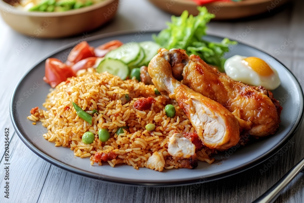 Fototapeta premium Indonesian Nasi Goreng with Fried Chicken and Egg rice