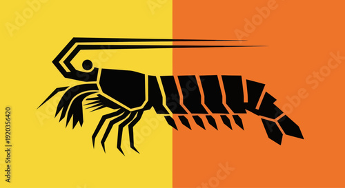 Stylized Shrimp Icon on Yellow and Orange Background, Seafood Vector Art