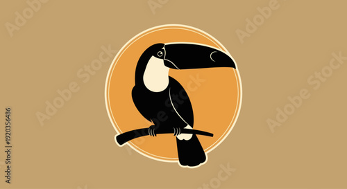 Stylized Toucan Silhouette Sitting on Branch Inside Circle