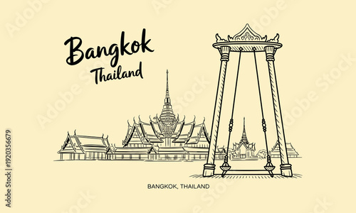 Bangkok Thailand Giant Swing and Temple Complex Sketch vector illustration