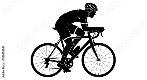 Silhouette of a cyclist riding a road bike depicted in a stark black and white style