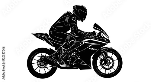 A stylized black silhouette of a motorcyclist riding a modern sportbike at speed high quality professional