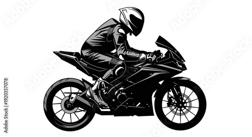 A stylized illustration of a motorcyclist in racing gear riding a sportbike depicted in black and white