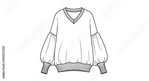 Fashion technical sketch of a v neck oversized sweater with voluminous balloon sleeves high quality professional detailed