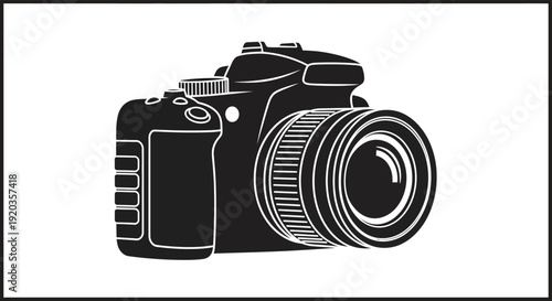 A black and white silhouette illustration of a professional digital slr camera with a lens