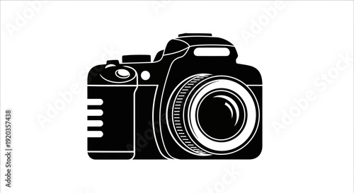 A simplified black and white illustration depicting a digital slr camera on a white background
