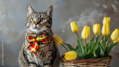 Curious cat with bowtie playfully engages with yellow tulips in basket setting