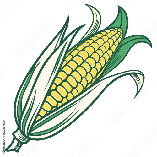 Fresh Corn Cob with Green Leaves - Healthy Food Illustration
