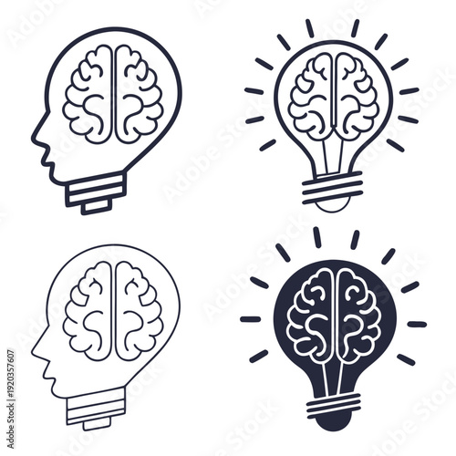 Human Brain and Light Bulb Idea Icons - Innovation and Thought