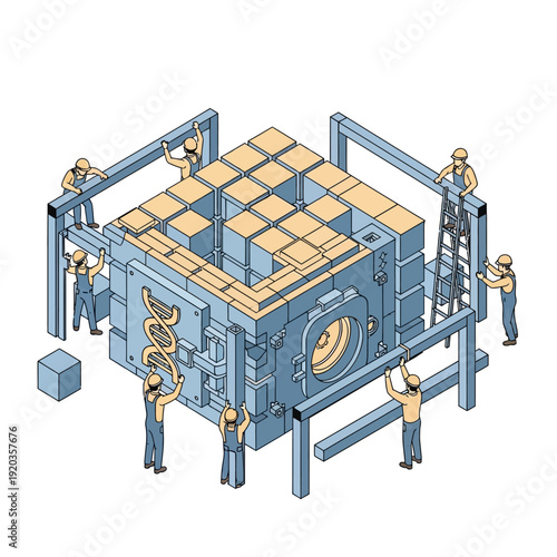 Construction workers assembling a large metal vault with wooden panels.