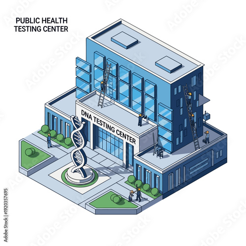 Isometric illustration of a public health testing center with DNA double helix sculpture.