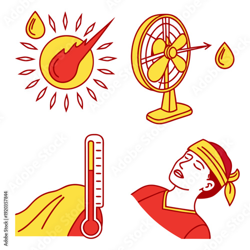 Summer Heat Icons: Sun, Fan, Thermometer, Sweating Person - Hot Weather