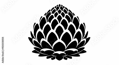 A striking black and white illustration depicts a detailed artichoke with overlapping scales high quality professional
