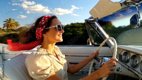 Young woman enjoying a picturesque drive in a classic convertible on a sunny day with clear blue skies and palm trees in the background