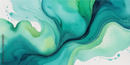 Abstract watercolor blue background featuring a liquid paint texture with flowing waves of sea green and 3d silk curves in a wavy motion design