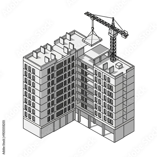 Isometric illustration of a building under construction with a crane.