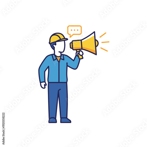 Construction worker with hard hat holding megaphone announcing important news or warning