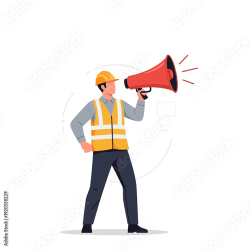 Construction worker with megaphone announcing safety instructions on a building site