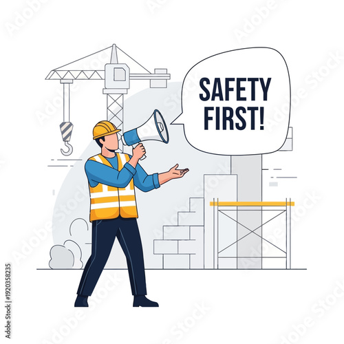 Construction worker with megaphone announces safety first at building site