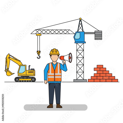 Construction worker with megaphone near crane, excavator, and bricks
