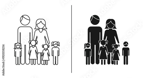 Two family icons are shown one white outline and one solid black each with five members