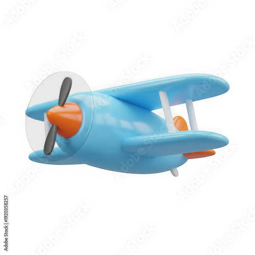 Vintage blue biplane toy with pilot figure, isolated on white