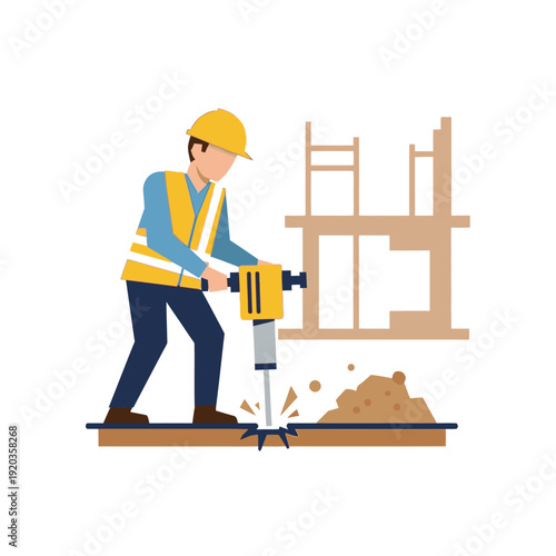 Construction worker using a jackhammer to break concrete at a building site