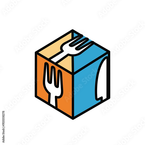 Colorful box with fork and knife illustration.