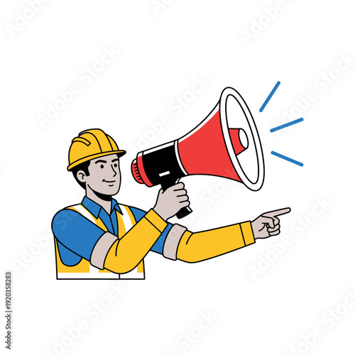 Construction worker with megaphone announcing, pointing finger, safety vest, hard hat