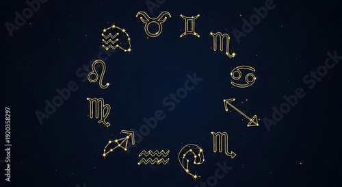 Zodiac Signs Symbols Circle on Dark Background