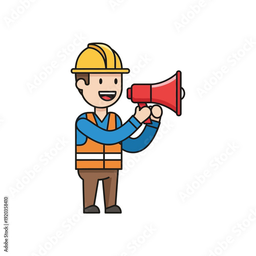 Construction worker with megaphone, safety vest and helmet, announcing important news